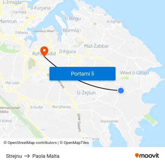 Strejnu to Paola Malta map