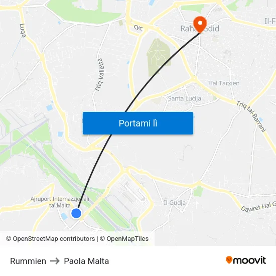 Rummien to Paola Malta map