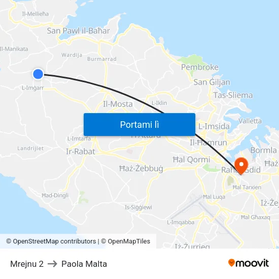 Mrejnu 2 to Paola Malta map