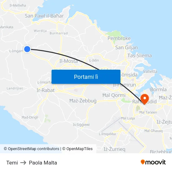 Temi to Paola Malta map
