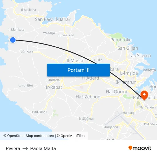 Riviera to Paola Malta map