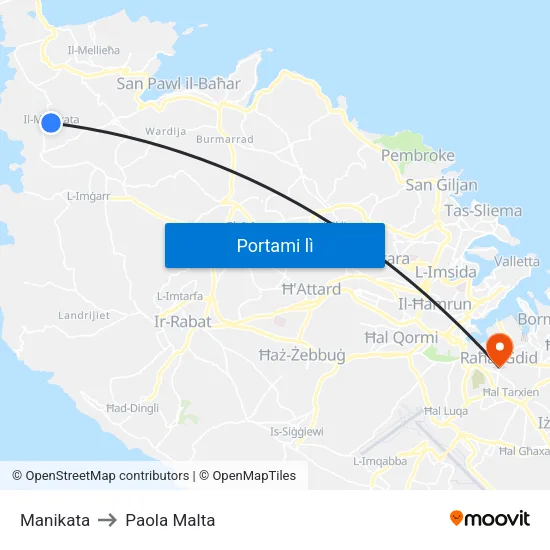 Manikata to Paola Malta map