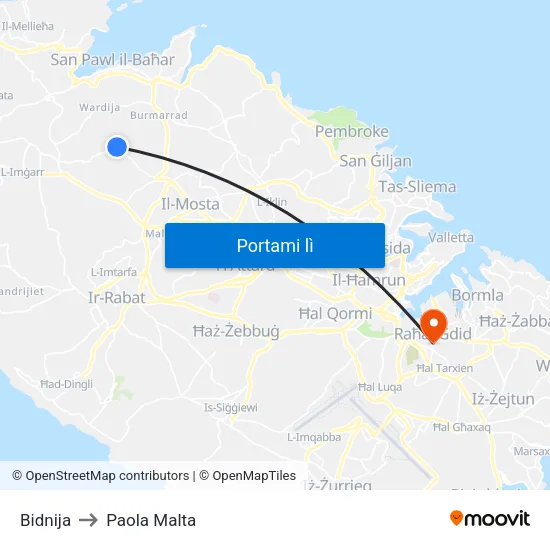 Bidnija to Paola Malta map