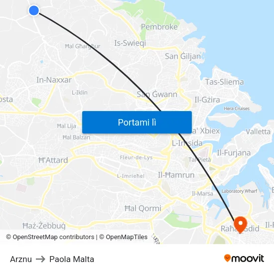 Arznu to Paola Malta map