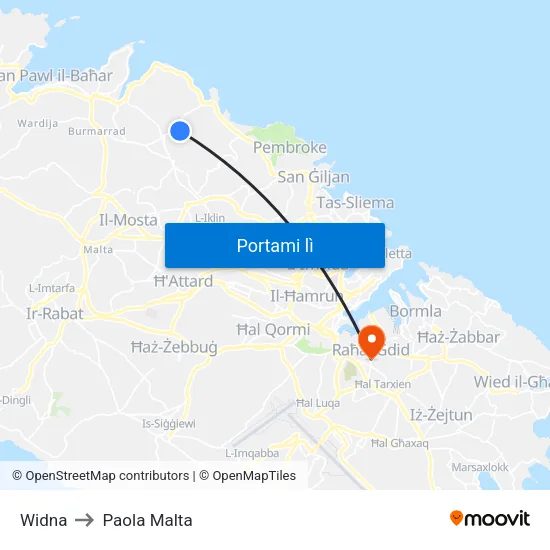 Widna to Paola Malta map