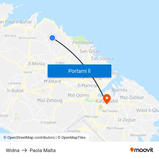 Widna to Paola Malta map