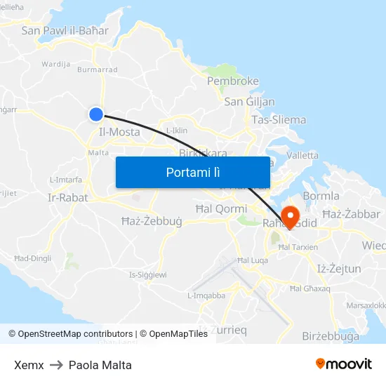 Xemx to Paola Malta map