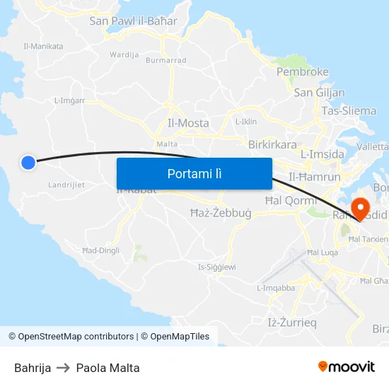 Bahrija to Paola Malta map