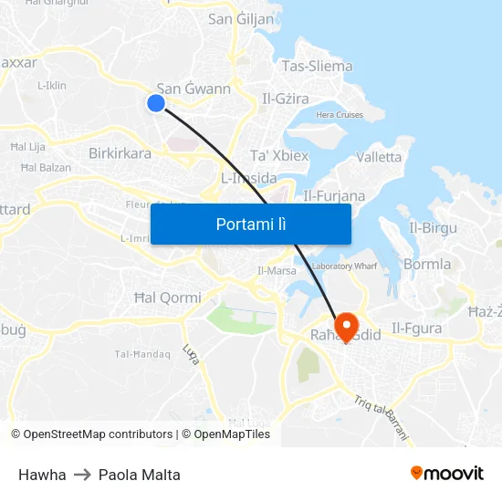 Hawha to Paola Malta map