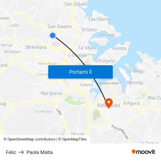 Felic to Paola Malta map