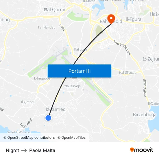 Nigret to Paola Malta map