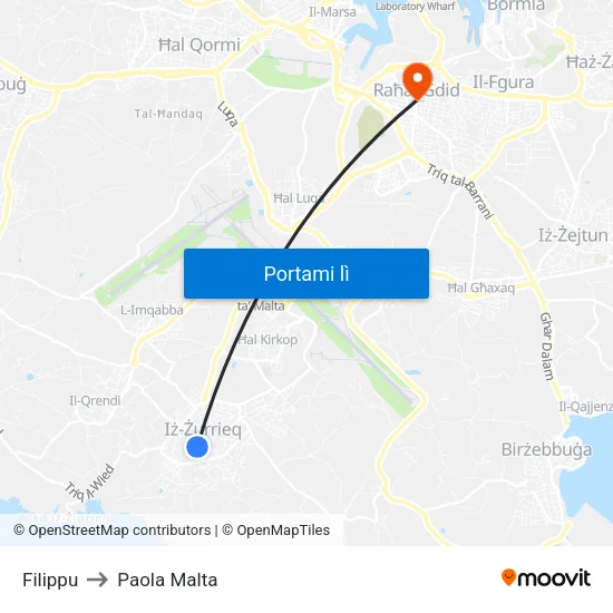 Filippu to Paola Malta map