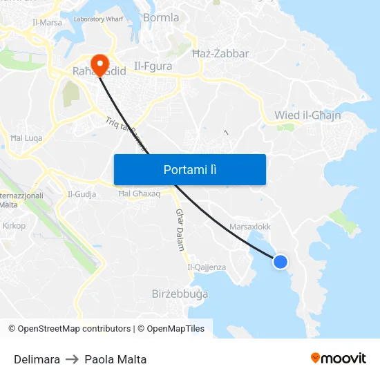 Delimara to Paola Malta map