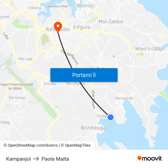 Kampanjol to Paola Malta map