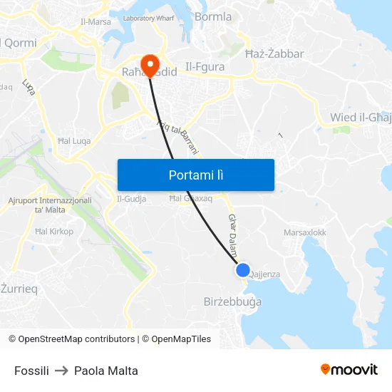 Fossili to Paola Malta map