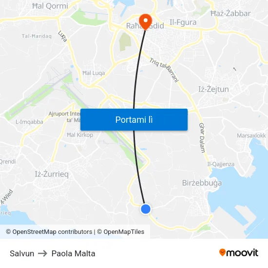 Salvun to Paola Malta map