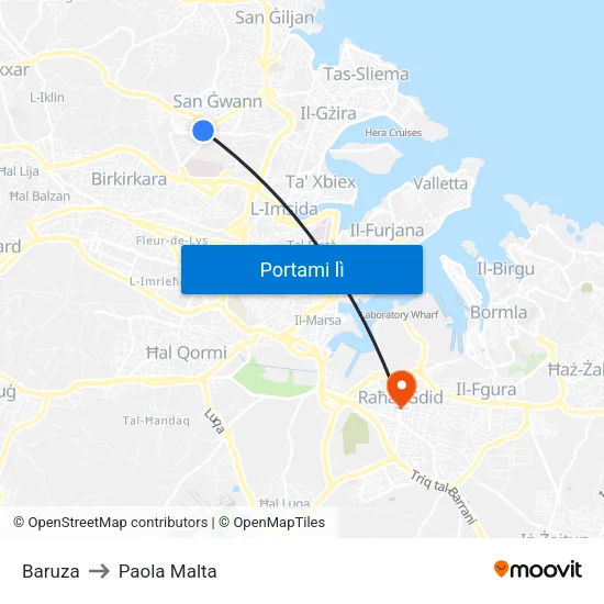 Baruza to Paola Malta map
