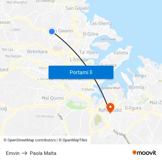 Emvin to Paola Malta map