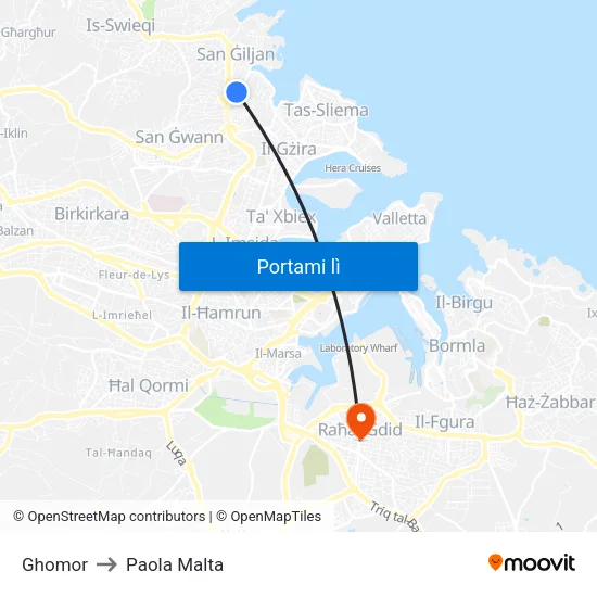 Ghomor to Paola Malta map