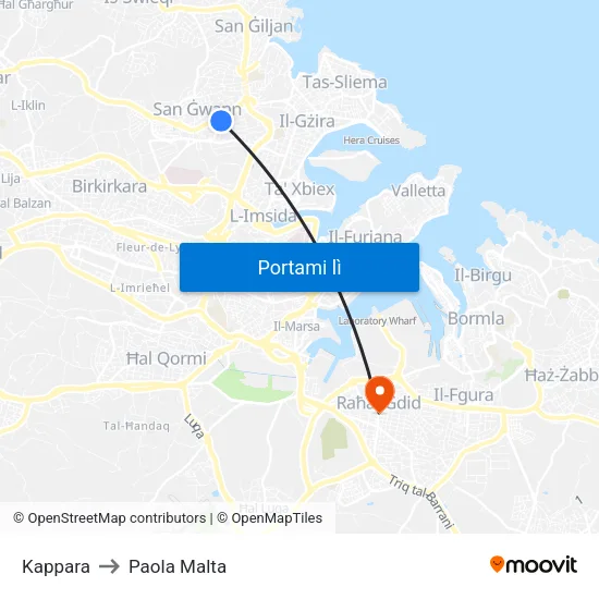 Kappara to Paola Malta map