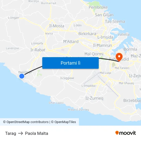 Tarag to Paola Malta map