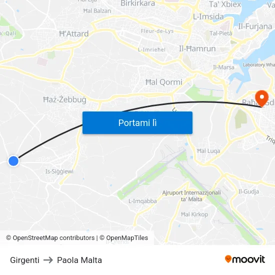 Girgenti to Paola Malta map