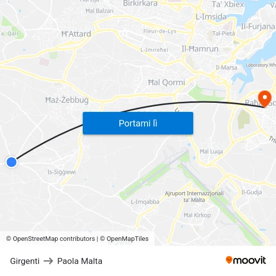 Girgenti to Paola Malta map