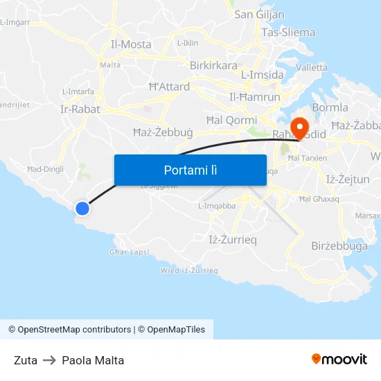 Zuta to Paola Malta map