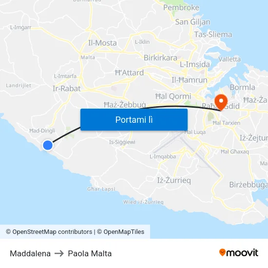 Maddalena to Paola Malta map
