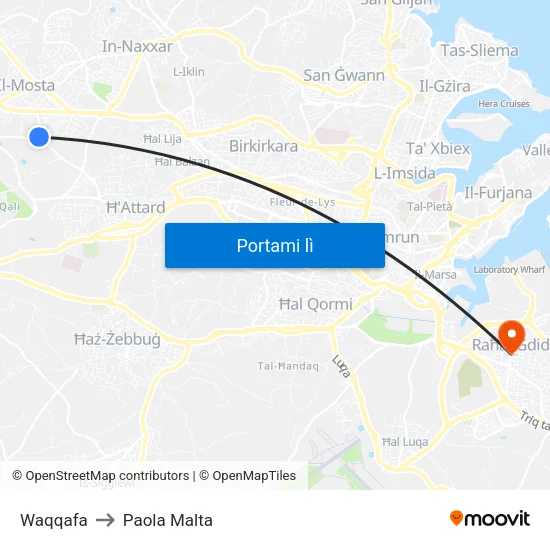 Waqqafa to Paola Malta map