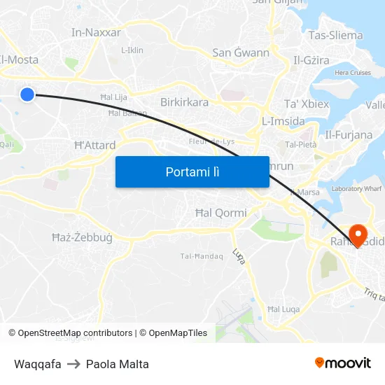 Waqqafa to Paola Malta map