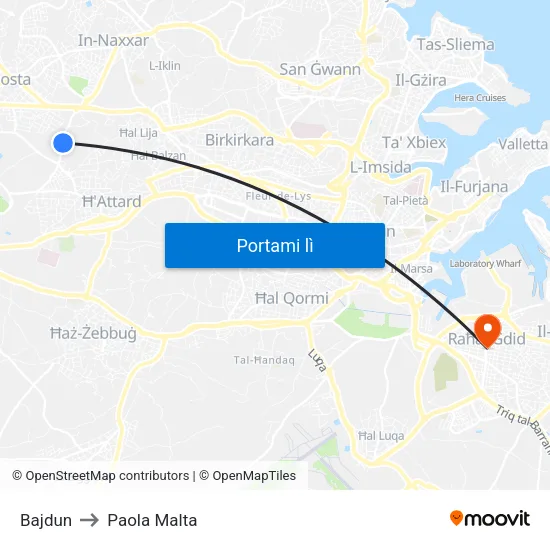Bajdun to Paola Malta map
