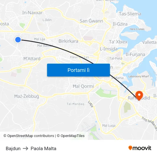 Bajdun to Paola Malta map