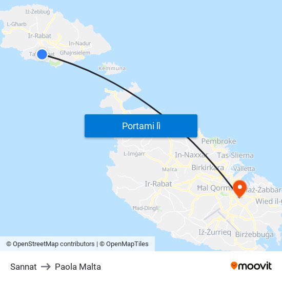 Sannat to Paola Malta map