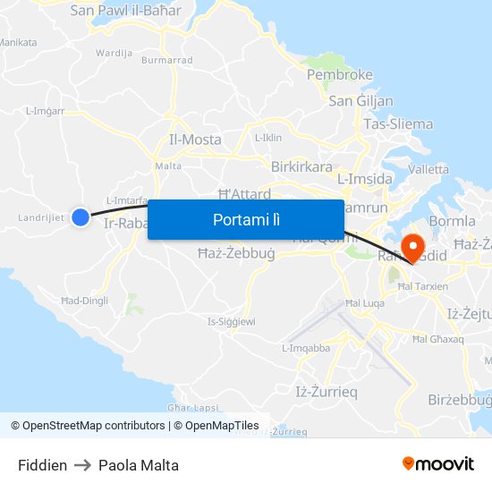 Fiddien to Paola Malta map