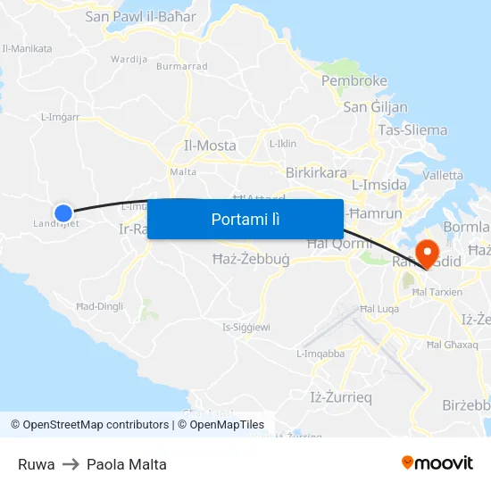Ruwa to Paola Malta map