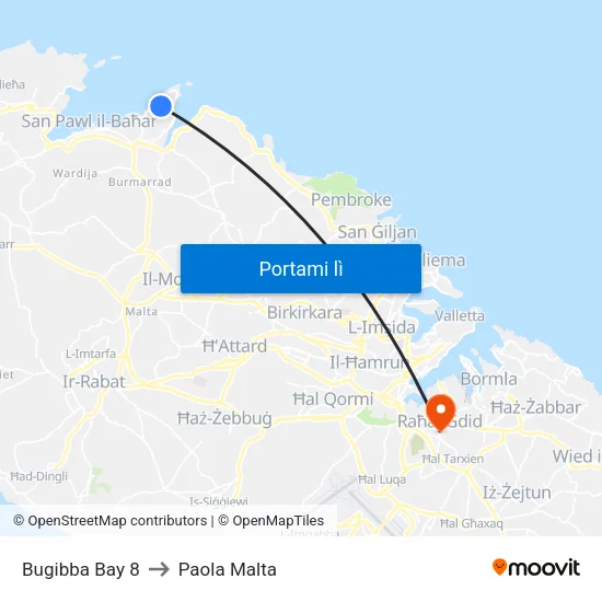 Bugibba Bay 8 to Paola Malta map