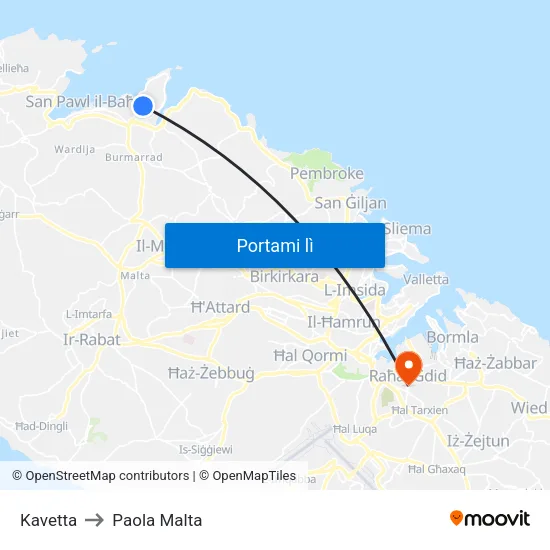 Kavetta to Paola Malta map