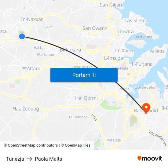 Tunezja to Paola Malta map
