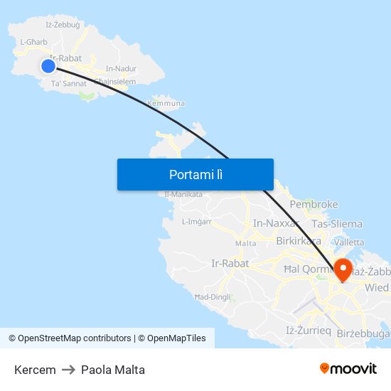 Kercem to Paola Malta map