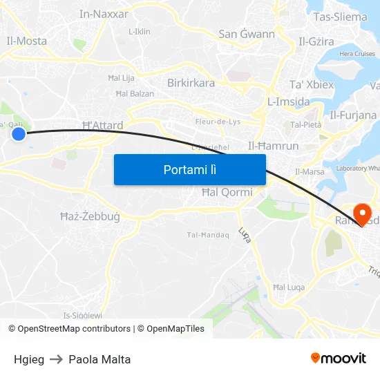 Hgieg to Paola Malta map