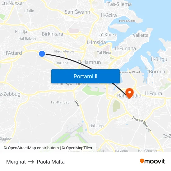 Merghat to Paola Malta map