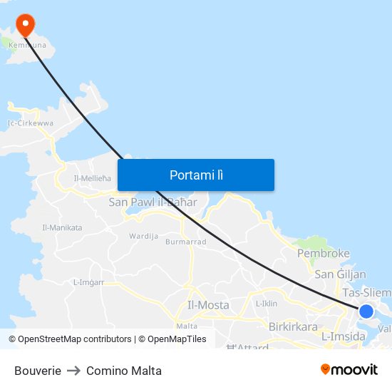 Bouverie to Comino Malta map