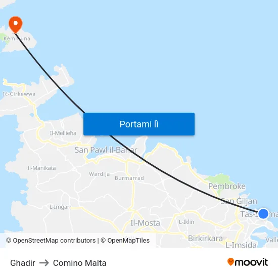 Ghadir to Comino Malta map