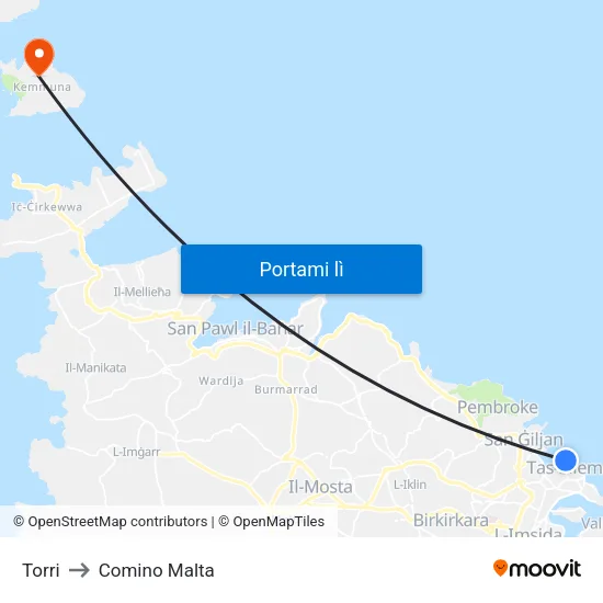 Torri to Comino Malta map