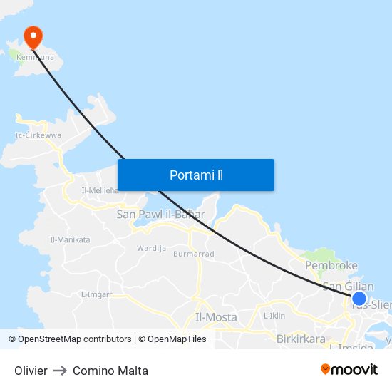Olivier to Comino Malta map