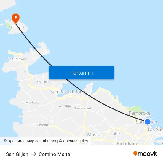 San Giljan to Comino Malta map