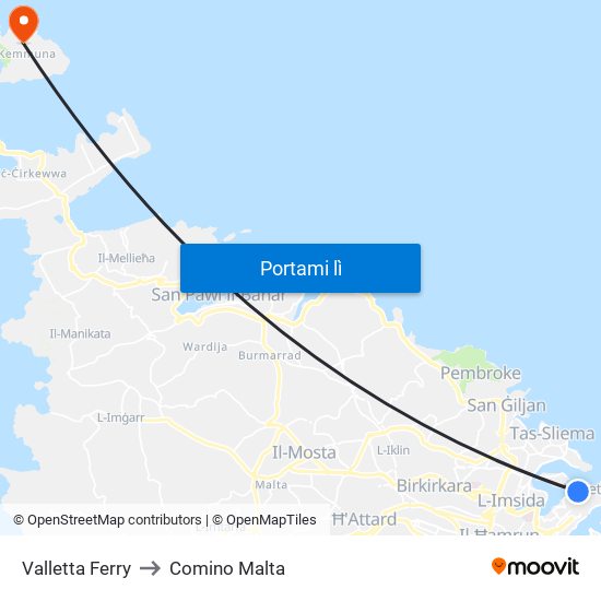 Valletta Ferry to Comino Malta map