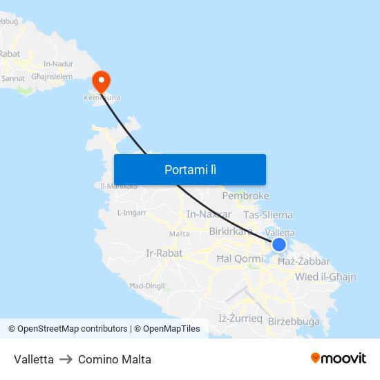 Valletta to Comino Malta map
