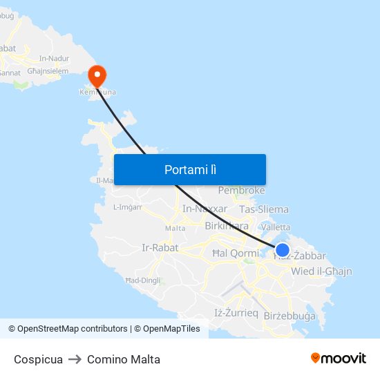 Cospicua to Comino Malta map